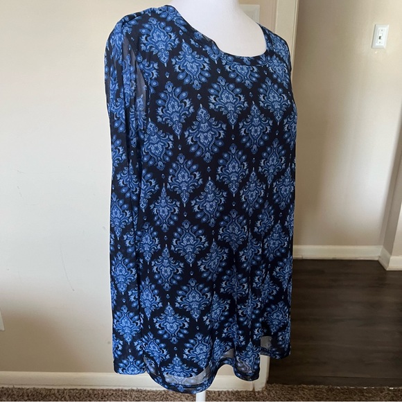 PLUS - TERRA & SKY Blue Pattern Chic Mesh Crewneck Top NWT - Picture 7 of 13